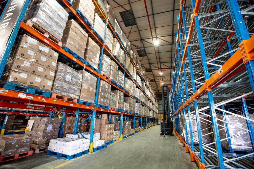 A large number of pallet racks with stored goods