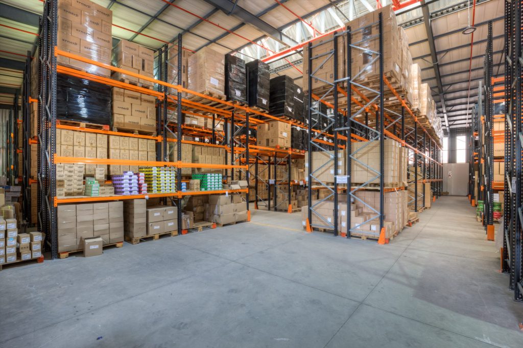 Racking system packed up with boxes