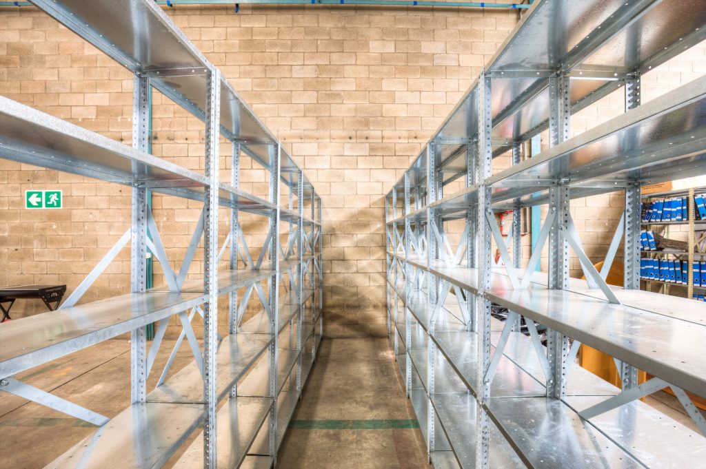 Empty industrial warehouse shelving system