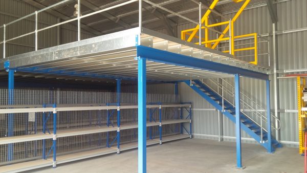 Aerial view of a custom-designed mezzanine floor by Krost Shelving in a Johannesburg warehouse.