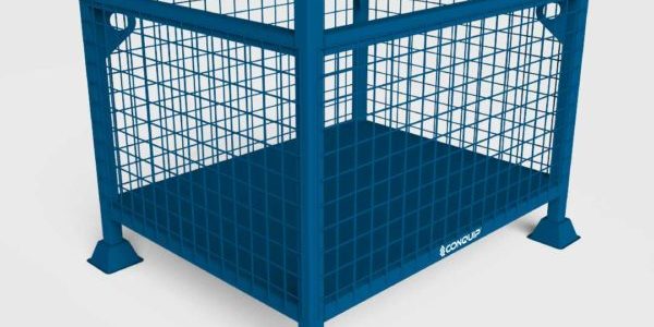 Stillage-Mesh-Front-RF-600×600 Blue metal mesh stillage with solid base and four legs for secure storage and transport of goods.