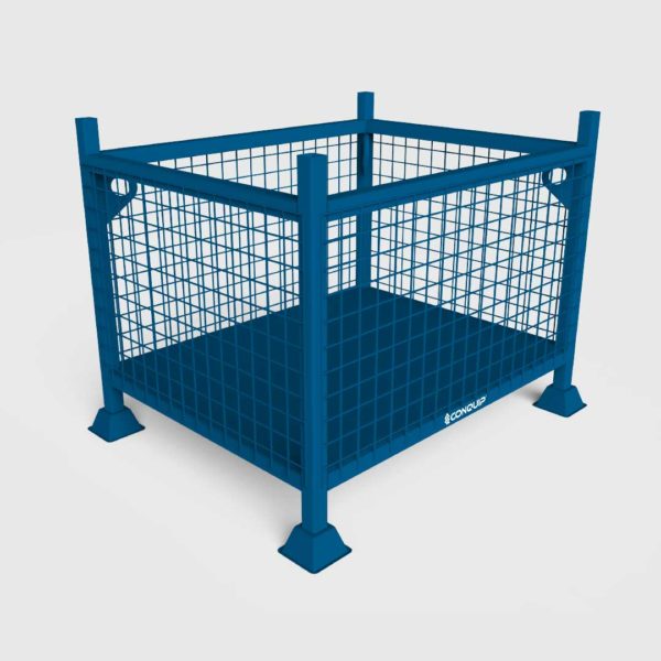 Blue metal mesh stillage with solid base and four legs for secure storage and transport of goods.