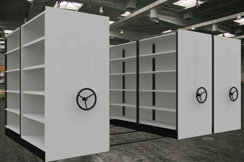 Organised storage room in Cape Town showcasing various mobile shelving units from top supplier Krost Shelving, demonstrating efficient space utilisation.