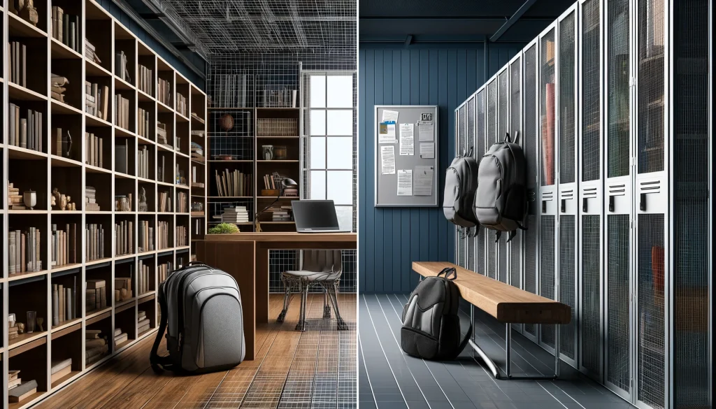 Library shelves with books on left and wire mesh lockers with backpacks on right, separated by bench.