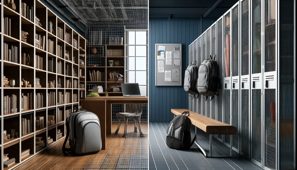 Library shelves with books on left and wire mesh lockers with backpacks on right, separated by bench.