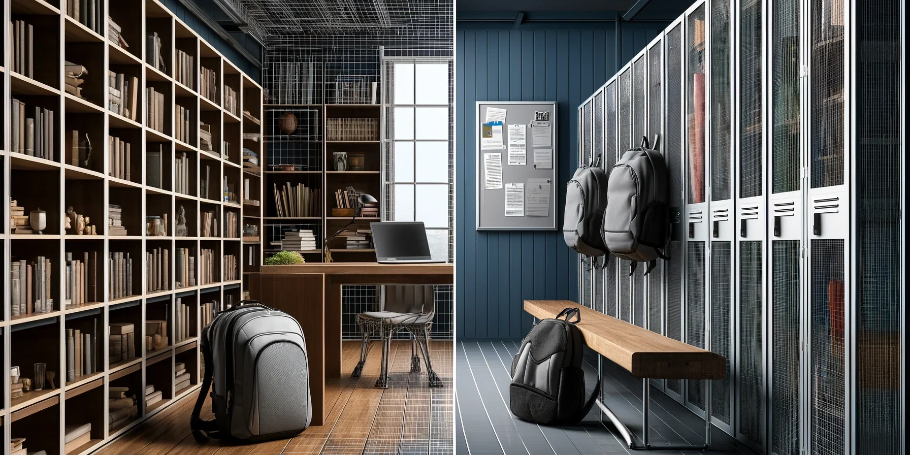 DALL·E 2024-05-21 10.24.23 – A professional setting depicting two distinct storage solutions side by side_ library shelving and wire mesh lockers. On the left, library shelving fi Library shelves with books on left and wire mesh lockers with backpacks on right, separated by bench.