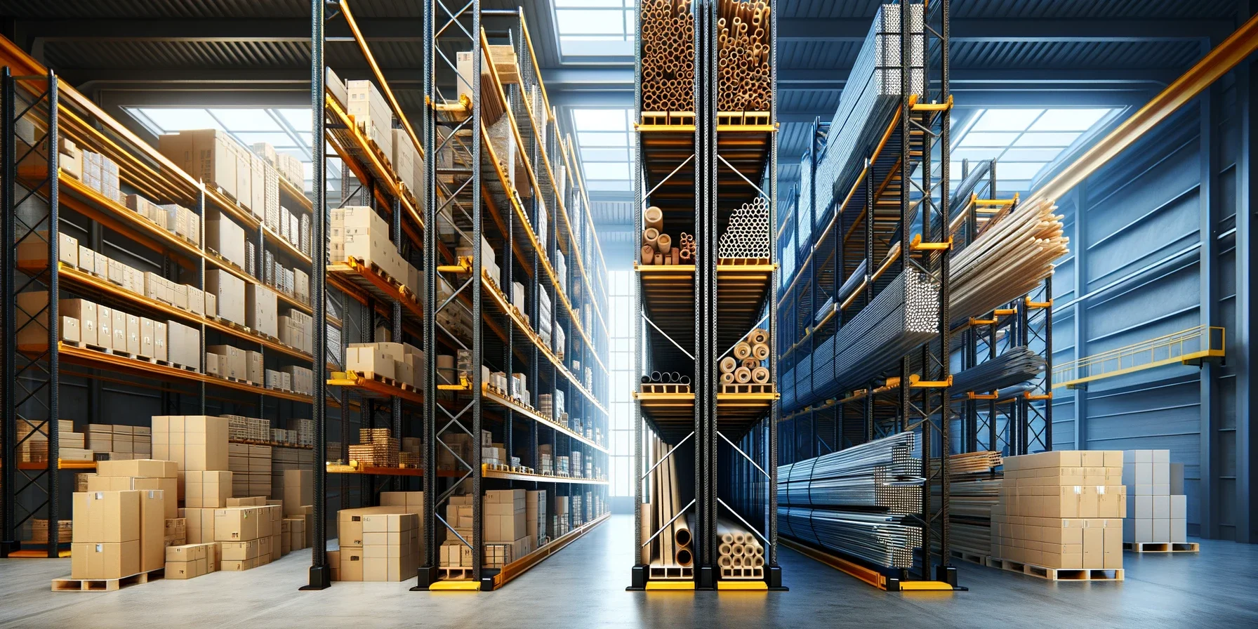 DALL·E 2024-05-21 12.23.33 – A professional industrial setting showing a side-by-side comparison of warehouse shelving and cantilever racking. On the left, warehouse shelving fill Comparison of warehouse shelving vs cantilever racking, highlighting their suitability for different industrial storage needs.