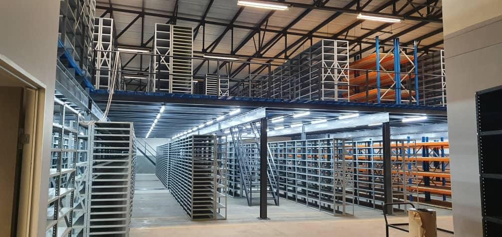 Bolted shelving in a warehouse