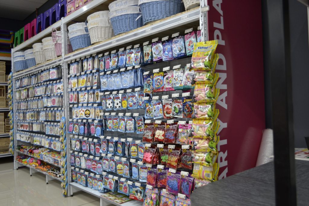 Gondola shelving in a retail store.