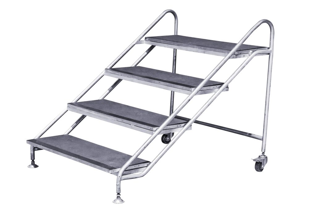 Mobile safety step ladder with four wide steps, a metal frame, and two rear wheels for movement.
