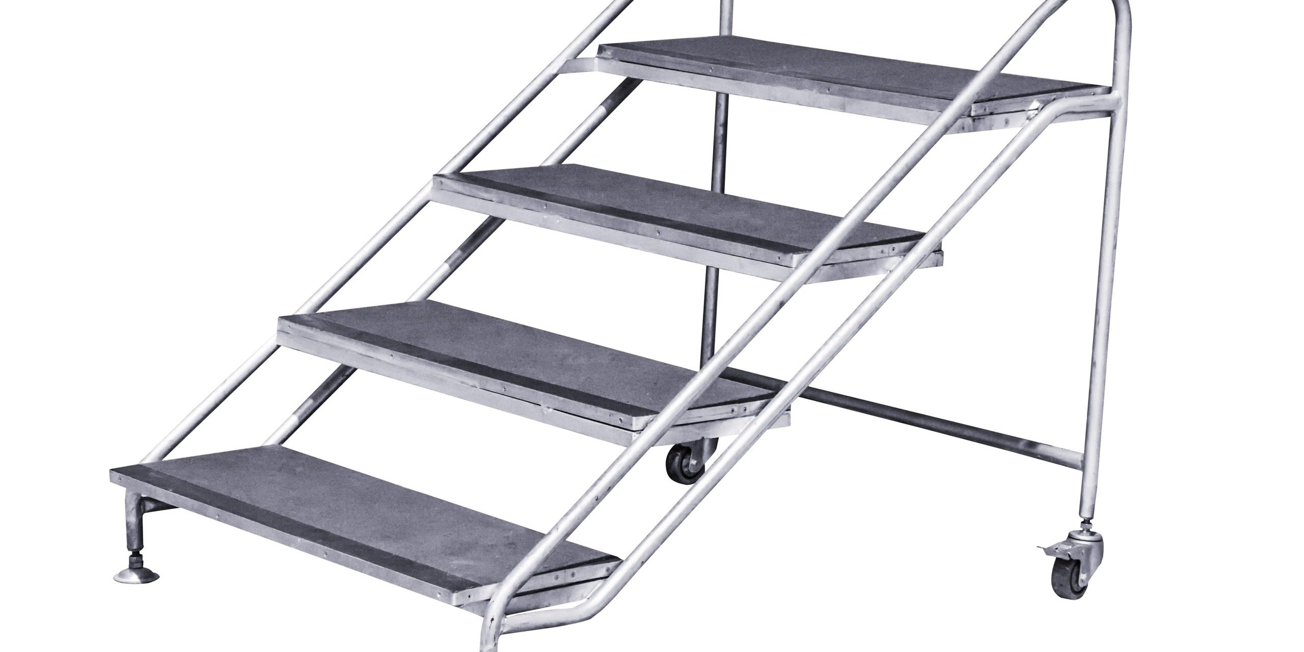 Mobile safety step ladder with four wide steps, a metal frame, and two rear wheels for movement.