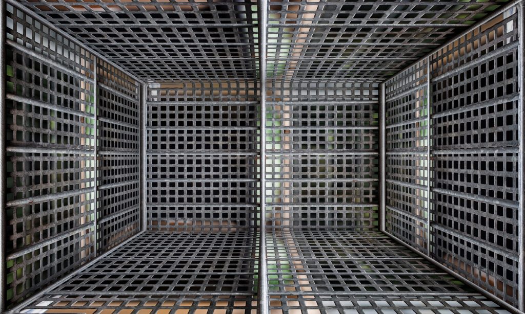 Interior view of an empty wire mesh locker