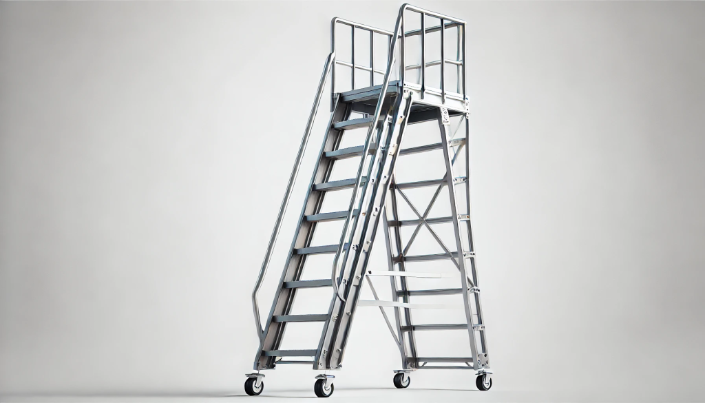 An aluminium mobile step ladder