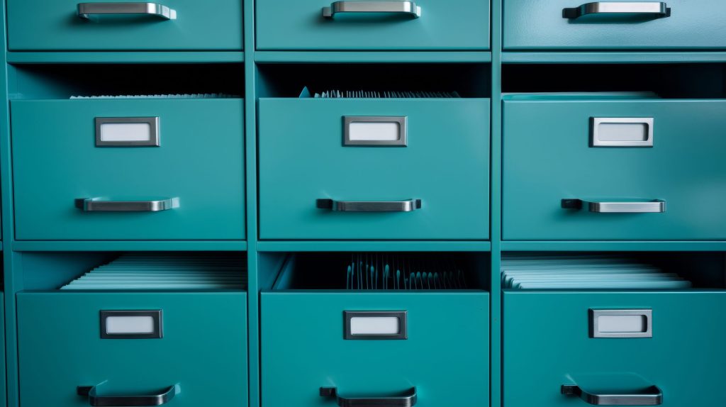 Teal file cabinet with metal handles and label holders, drawers partially open showing organized hanging files.