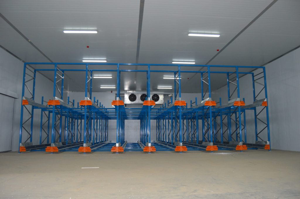 Blue and orange shuttle racking system
