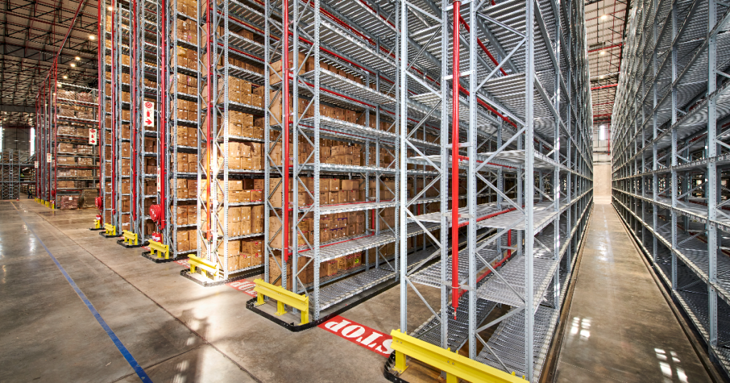 Multiple rows of VNA racking in a large warehouse