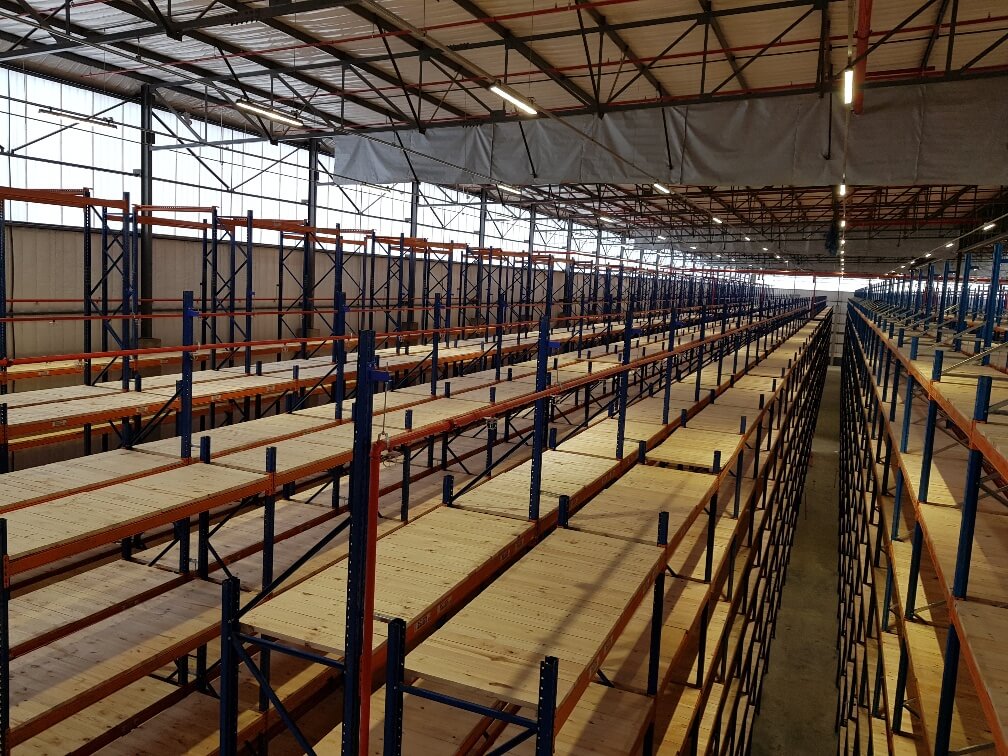 Aerial view of a high multilevel warehouse shelving system in a large storage facility