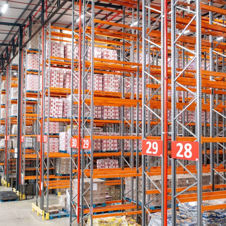 Multi-level pallet racking in a large warehouse as an example for cold room shelving