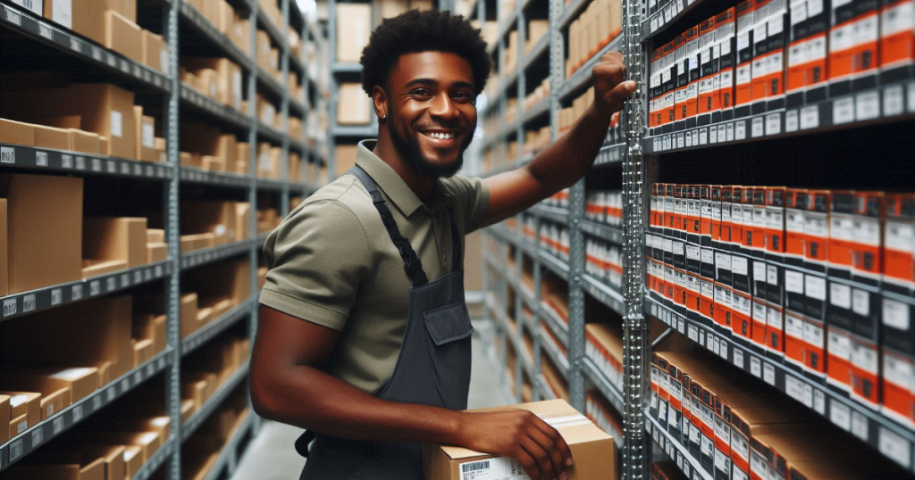 A man packing stock on rivet shelving