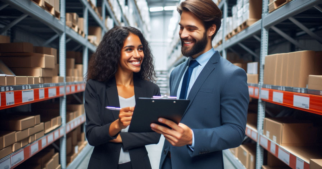 Business people checking stock in a long span racking isle