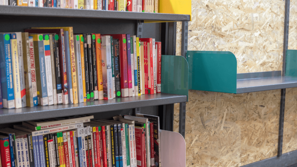Close up of library shelving