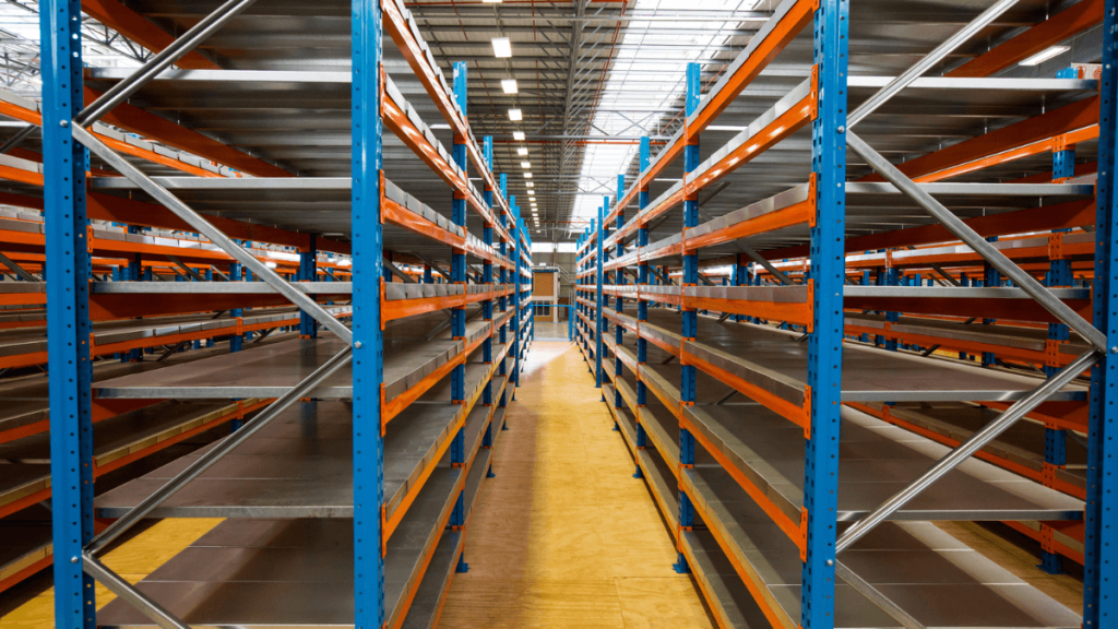 A warehouse isle showcasing shelving solutions