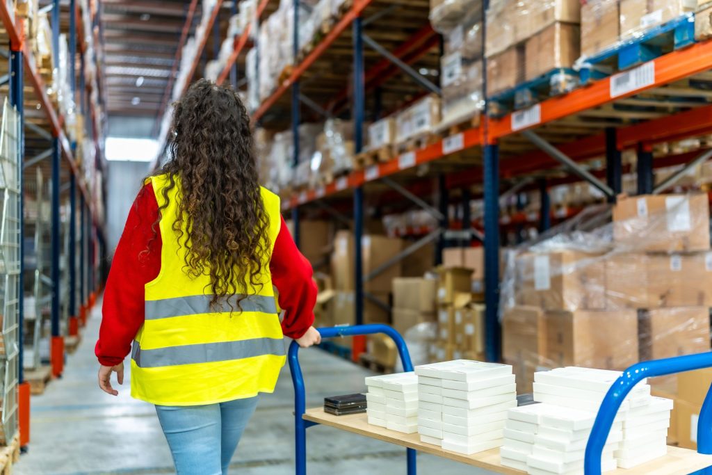 Mobile shelving vs. carton live racking: woman with trolley working in a distribution warehouse with mobile shelving