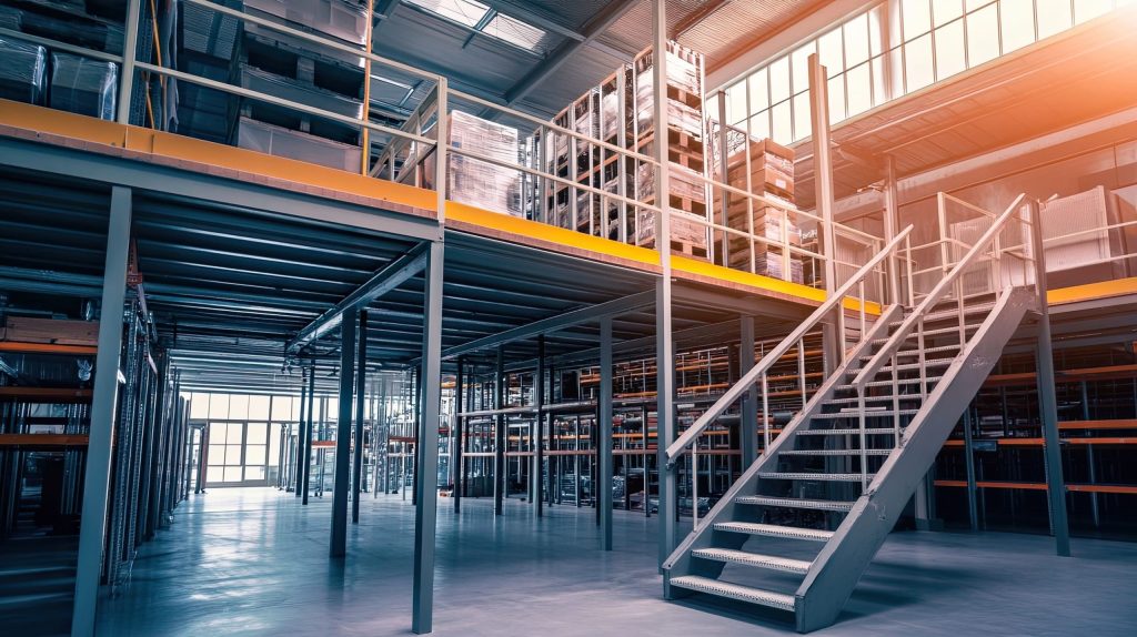 Structural mezzanine vs. drive-in racking: A modern steel structural mezzanine structure in a warehouse