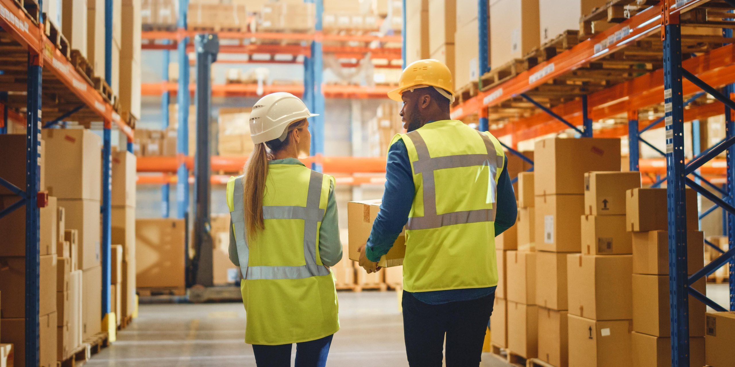 Structural Mezzanines vs. Warehouse Shelving, Best for You_ Two people in a warehouse talking to each other about structural mezzanines vs. warehouse shelving