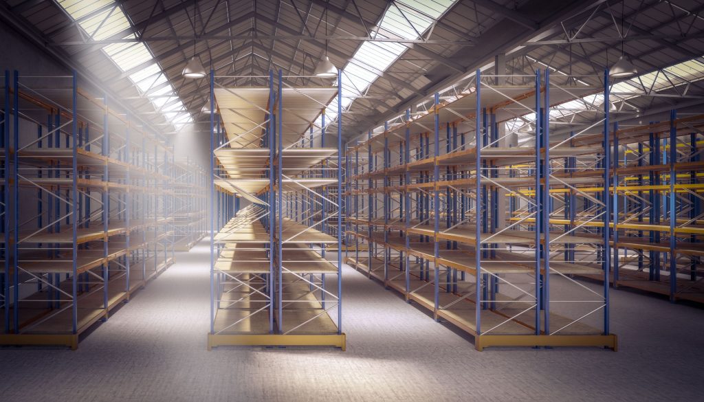 Selective storage racking vs. rivet shelving: A newly installed set of rivet shelves in a large warehouse