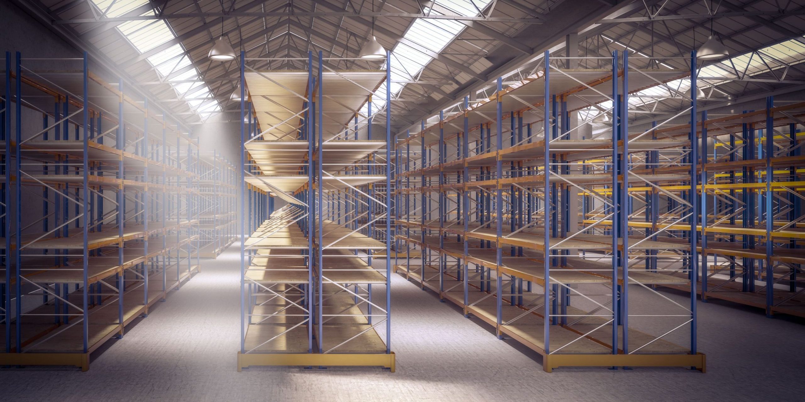 Selective storage racking vs. rivet shelving: A newly installed set of rivet shelves in a large warehouse