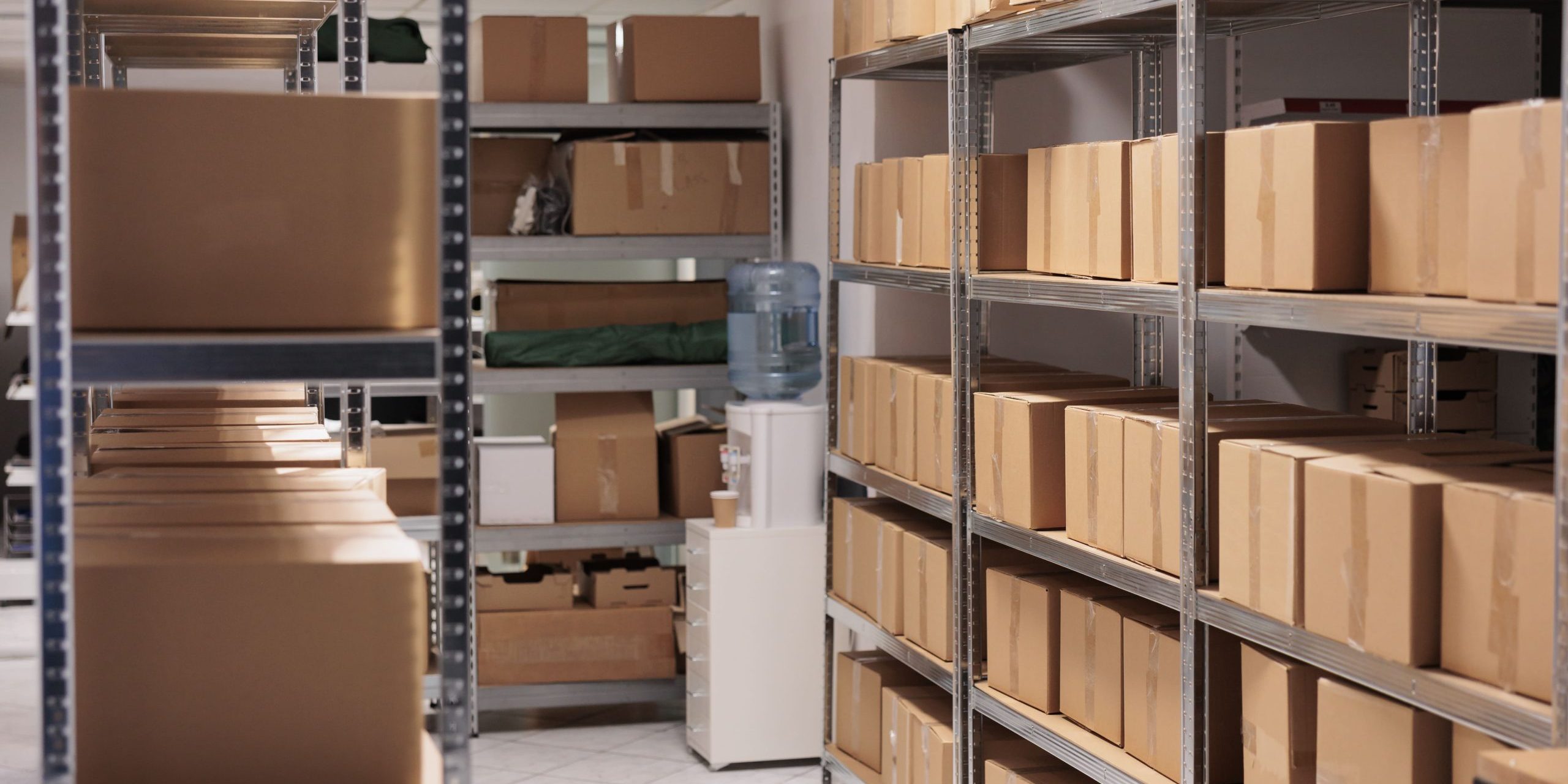 storehouse metal racks with stacked cardboard boxes (1) A corporate storehouse fitted with commercial shelving solutions stacked with boxes