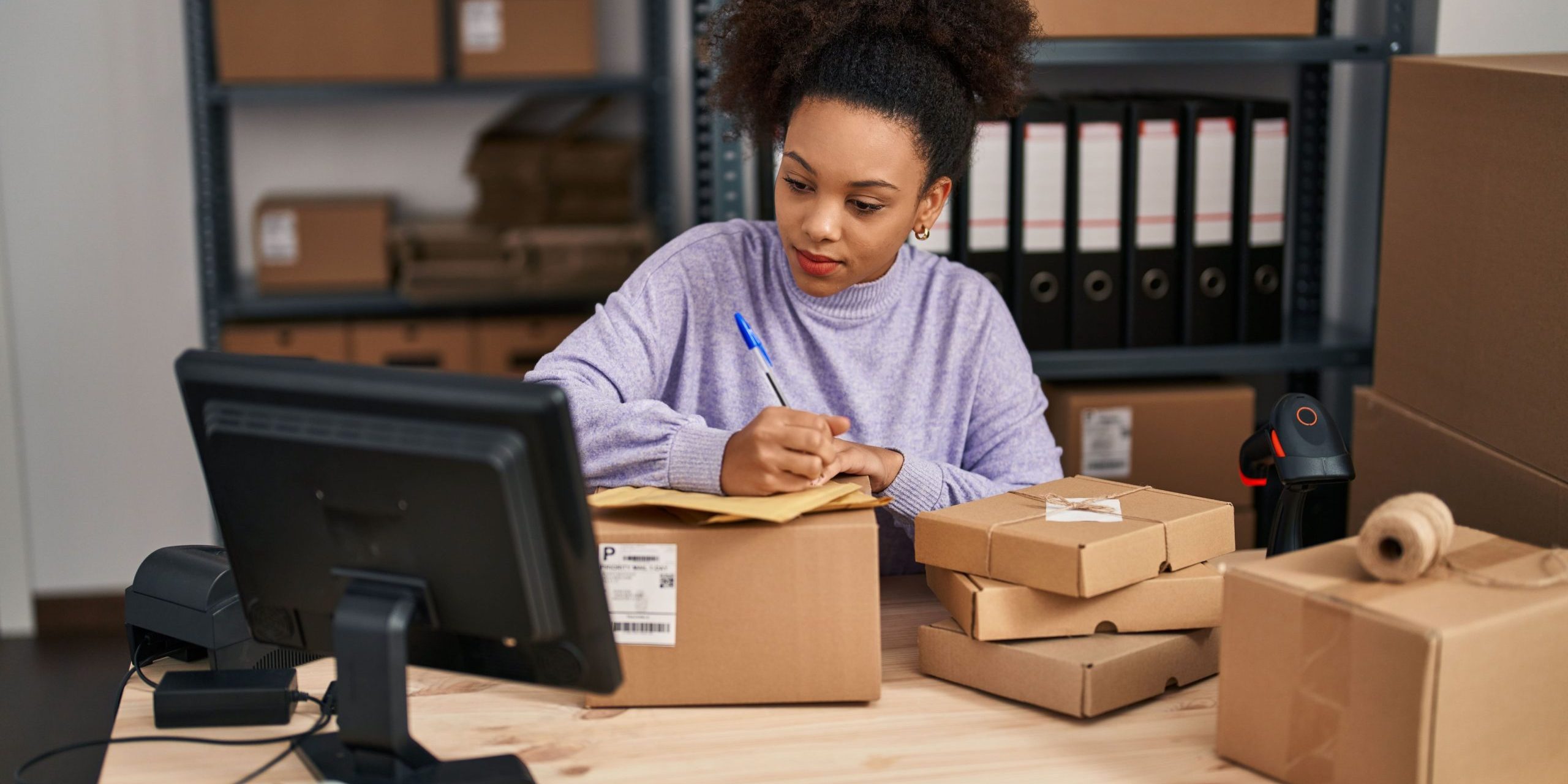 young-african-american-woman-writing-package-office (1) A young online business owner in a distribution centre, fulfilling an online order with goods store on industrial racking