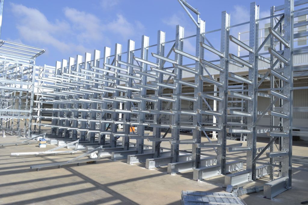 A newly installed cantilever rack comparing cantilever racking vs. rack-supported mezzanines