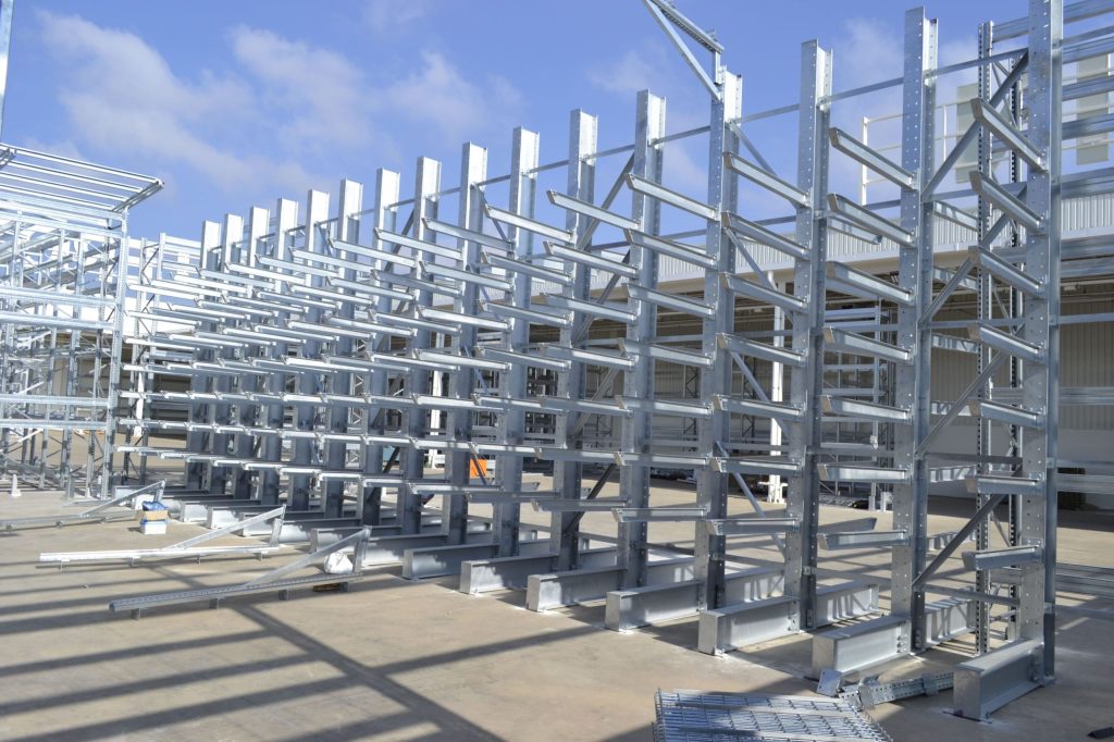 A newly installed cantilever rack comparing cantilever racking vs. rack-supported mezzanines