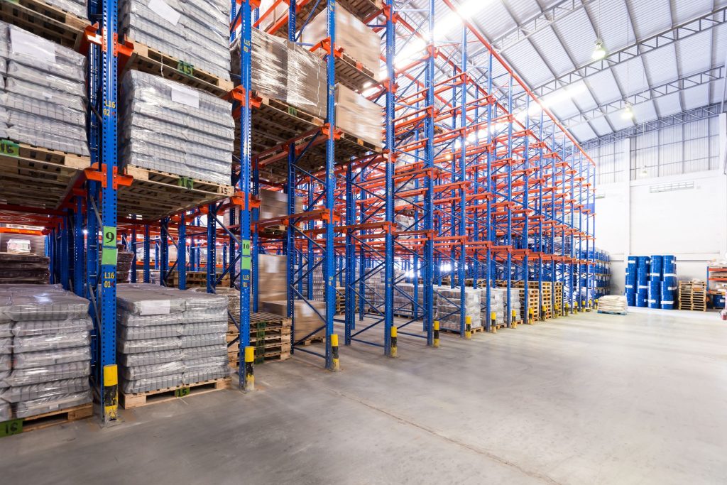 High deep lane storage pallet solutions in a large, bright warehouse