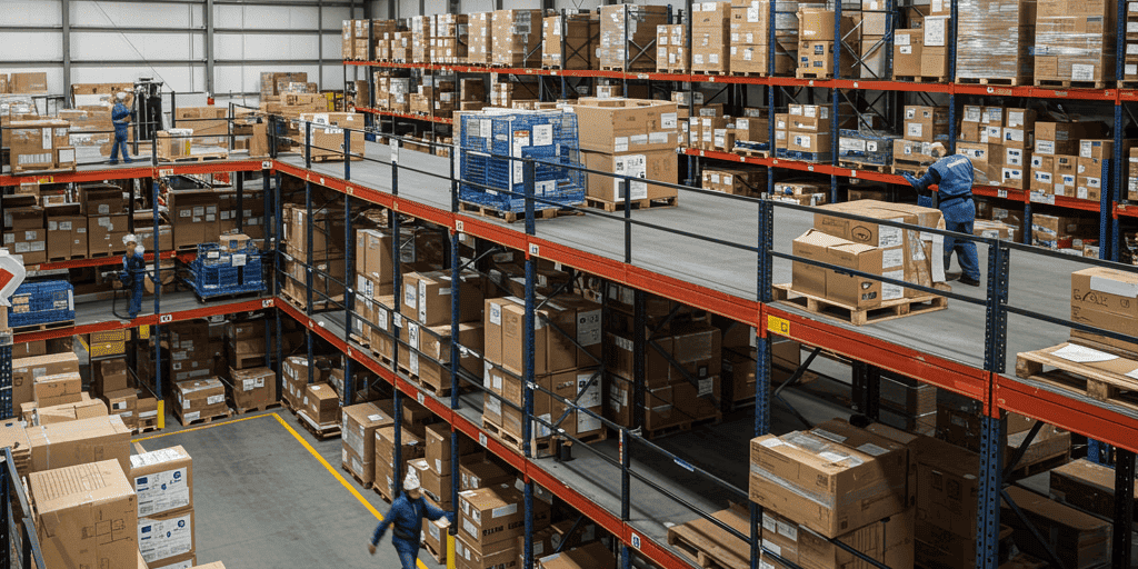 Mobile Shelving vs. Rack-Supported Mezzanines A multi-layered mezzanine floor structure in a busy warehouse, contrasting mobile shelving vs. rack-supported mezzanines