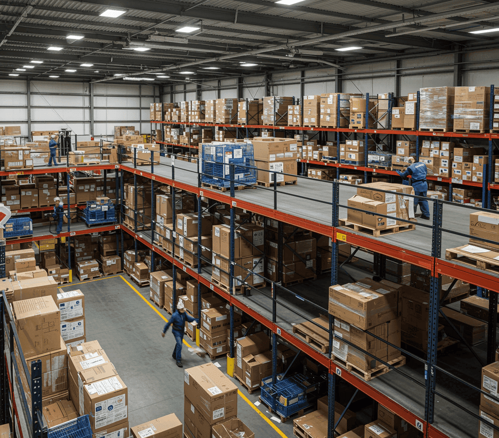 A multi-layered mezzanine floor structure in a busy warehouse, contrasting mobile shelving vs. rack-supported mezzanines