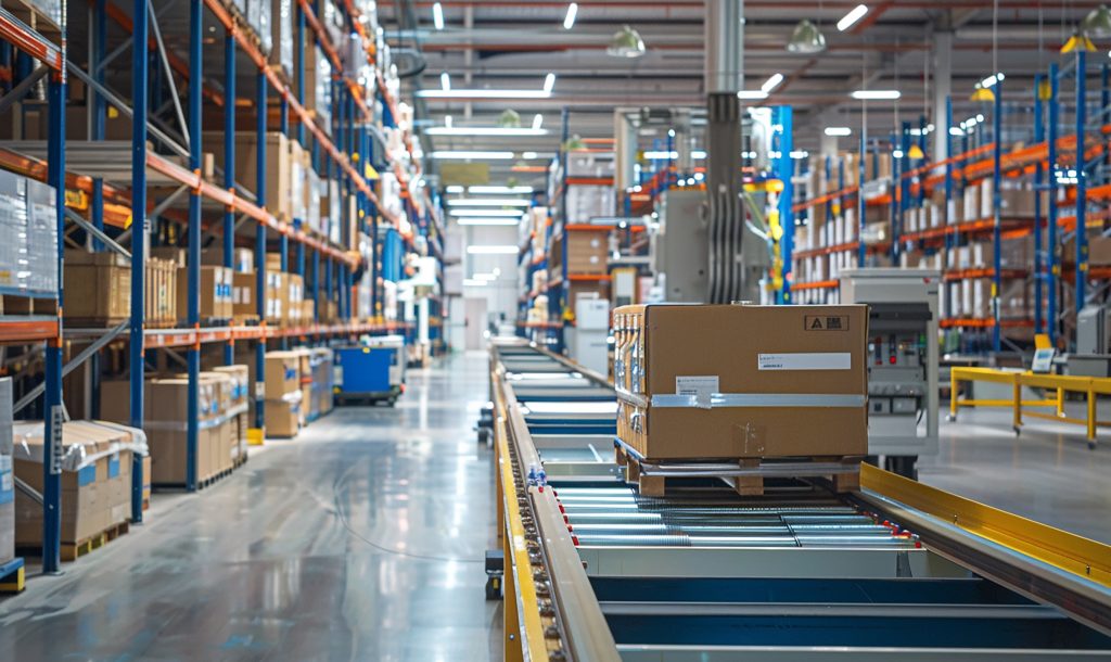 Innovative shelving ideas in a modern warehouse with tall racks, boxed inventory, and a conveyor system.