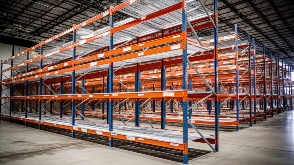 Industrial pallet racking system with blue steel frames and orange beams in a South African warehouse.