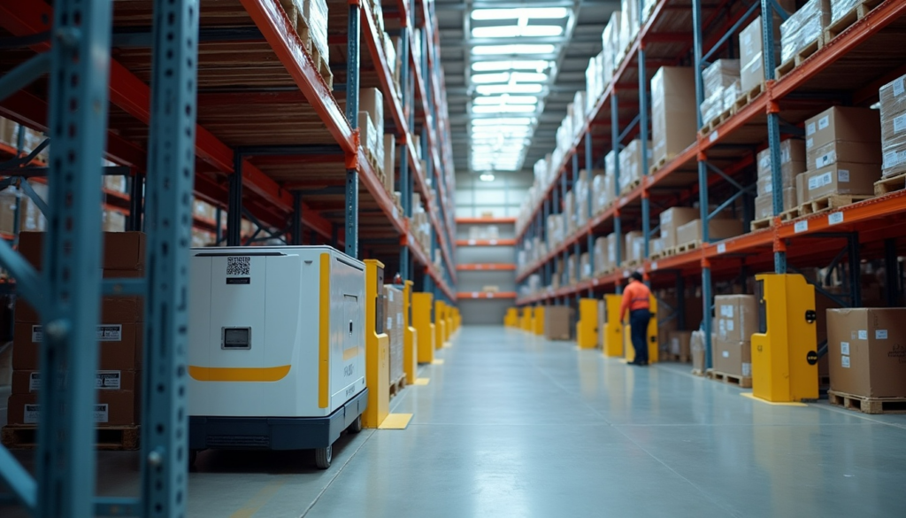 Automated guided vehicle operating in a narrow aisle racking system.