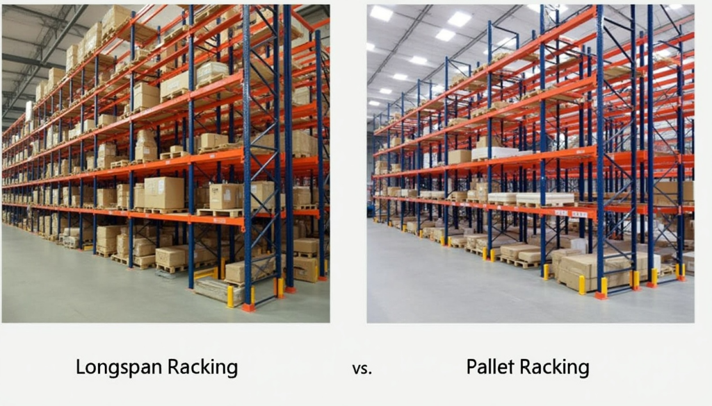 Side-by-side comparison of longspan racking and pallet racking in warehouses, both with blue upright frames and orange beams holding cardboard boxes on wooden pallets.