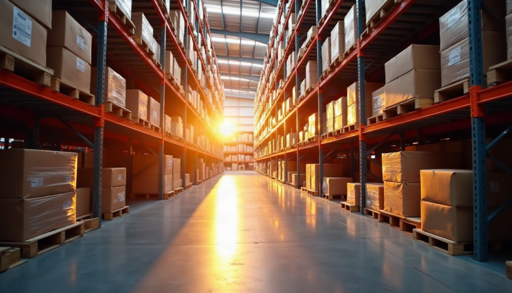 A warehouse filled with shelves stacked with boxes, highlighting the importance of racking safety in South Africa.