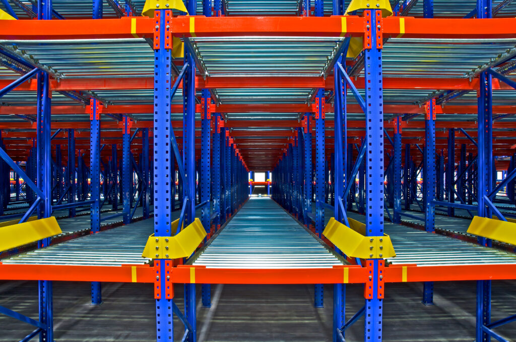 Carton Live / Flow Racking system in a warehouse.